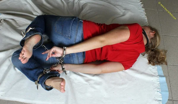 Blonde chick Albina Rose is hog tied and gagged in a T-shirt and jeans  - Jeans, Feet, Bondage, BDSM, Blonde, Clothed, Non Nude, Tattoo, Pigtails  - Photo 6