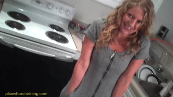 Cute blonde Tiffany swallows a cup of her own piss in a kitchen  - Pissing, Fetish, Blonde, Kitchen, Face, Nipples, Tattoo, Tiny Tits, Piercing, Pussy  - Photo 1