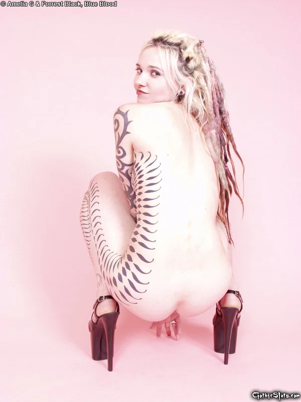 Tattooed blonde Voltaire Blue doffs a top hat while getting naked in heels  - Tattoo, Fetish, Upskirt, Skirt, High Heels, Ass, PAWG, Panties, Tiny Tits, Babe  - Photo 13