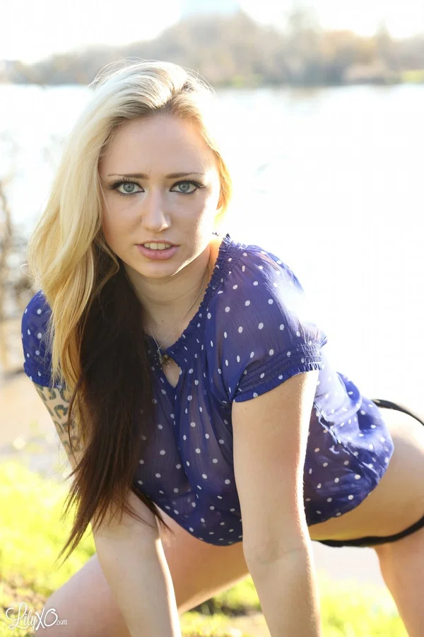 Blonde amateur Lily Xo teases near a body of water in black panties  - Beautiful, Panties, Outdoor, Tattoo, Solo, Undressing, Ass, Lingerie, Big Tits, Natural Tits  - Photo 9