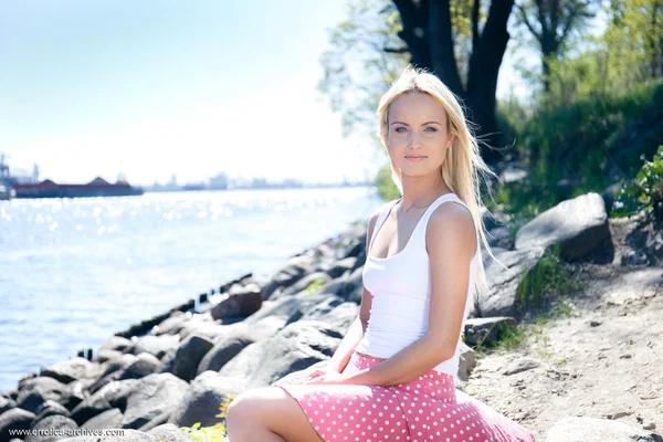 Blonde teen Sophia Sonne gets naked on a rocky shoreline in running shoes  - Beach, Upskirt, Outdoor, Skirt, Cute, Teen, Natural Tits, Pussy, Tiny Tits, Nipples  - Photo 1