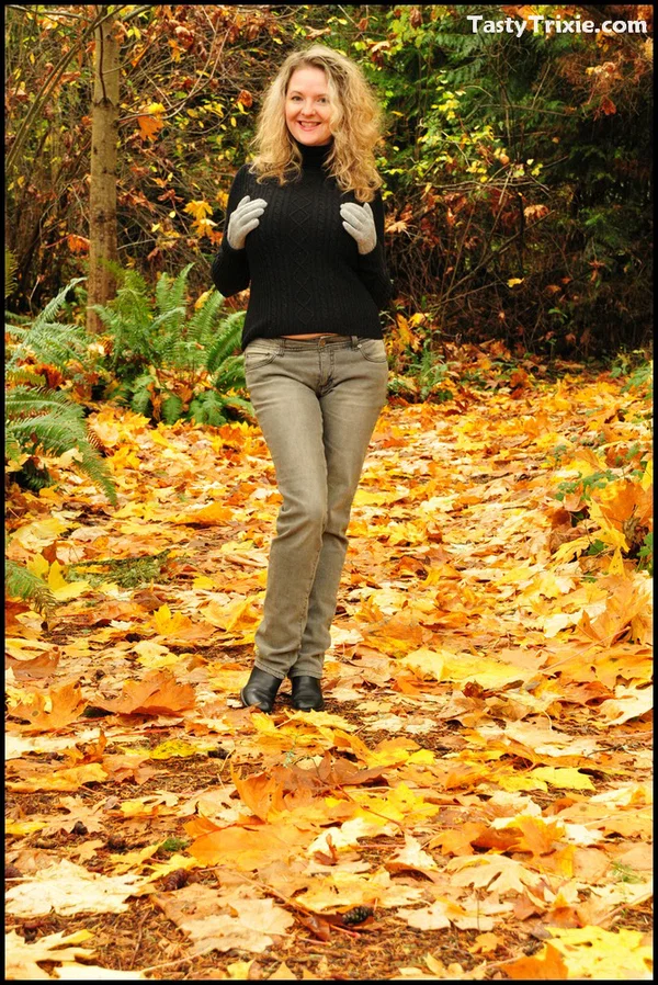 Mature woman Tasty Trixie exposes tits and panties amid fallen leaves  - Mature, Outdoor, Non Nude, MILF, Amateur, Panties, Blonde, Ass, Big Tits, Close Up  - Photo 1