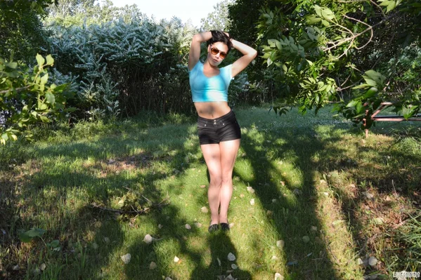 Brunette teen Shana Lane works her tits loose outdoors on a picnic table  - Glasses, Shorts, Beautiful, Outdoor, Nipples, Natural Tits, Ass, Amateur, Tiny Tits, Solo  - Photo 1