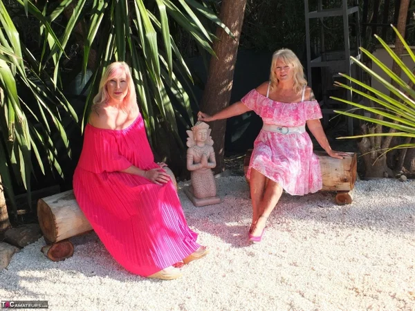 Older blonde pumpers Melody and Randy Raz flashed their panties while outdoors  - Mature, Upskirt, Thick, Lesbian, Chubby, Curvy, BBW, Outdoor, Clothed, Skirt  - Photo 1