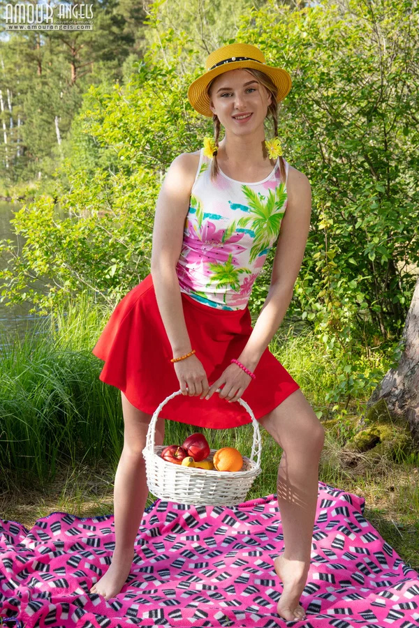 Young looking girl Taya gets naked near the water while sporting pigtails  - Tiny Tits, Outdoor, Upskirt, Amateur, Brunette, Clothed, Nipples, Pussy, Spreading, Skirt  - Photo 9
