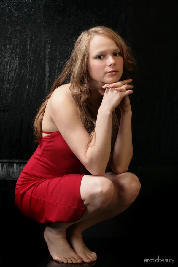 Nice teen Mia C frees her perky tits and bald slit from a red dress  - Teen, Babe, European, Glamour, Spreading, Tiny Tits, Legs, Skirt, Feet, Pussy  - Photo 1