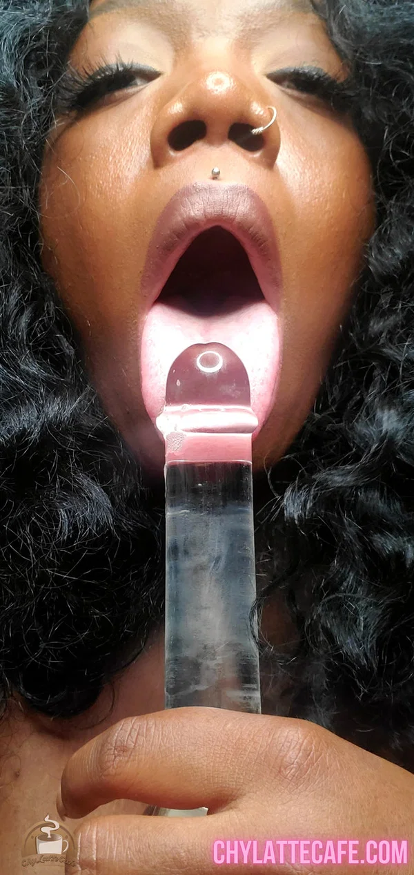 Ebony fatty with big saggy tits Chy Latte sucking and licking a glass toy  - Ebony, Black, Saggy Tits, Nipples, BBW, Chubby, Thick, Curvy, African, Big Tits  - Photo 3