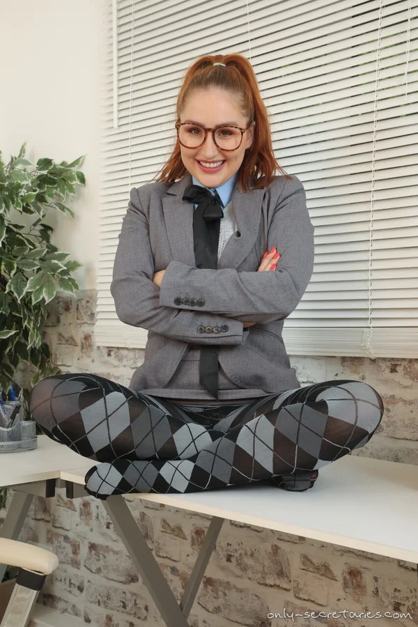 Redheaded secretary Rachelle goes topless at work in glasses and pantyhose  - Office, Glasses, Pantyhose, Redhead, Secretary, Uniform, Pigtails, Upskirt, Undressing, Lingerie  - Photo 7