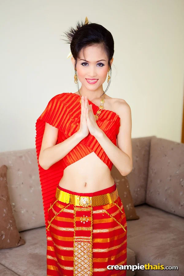 Sweet Thai model Nana drops her traditional outfit and poses naked  - Thai, Asian, Uniform, Tiny Tits, Skinny, Undressing, Pussy, High Heels, Creampie, Brunette  - Photo 1