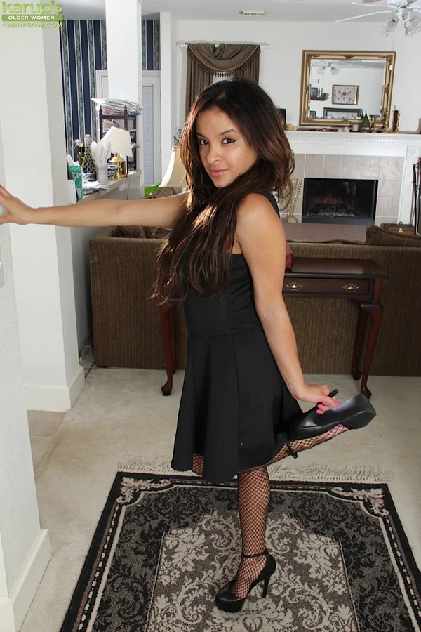 Brunette milf Viviann Wood is taking off her sexy black dress  - Latina, MILF, Stockings, Tattoo, Brunette, Nipples, Piercing, Big Tits, Spreading, Clothed  - Photo 1