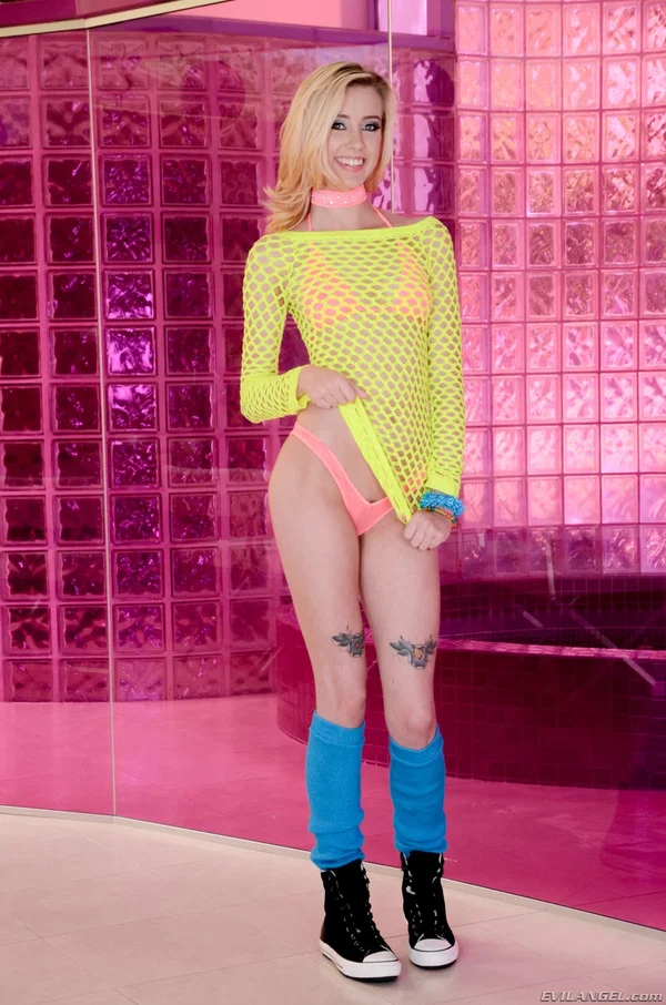 Blonde thin babe Haley Reed takes off her body fishnet and reveals tiny tits  - Socks, Teen, Panties, Solo, Tattoo, Ass, Blonde, Pussy, Skinny, Lingerie  - Photo 1