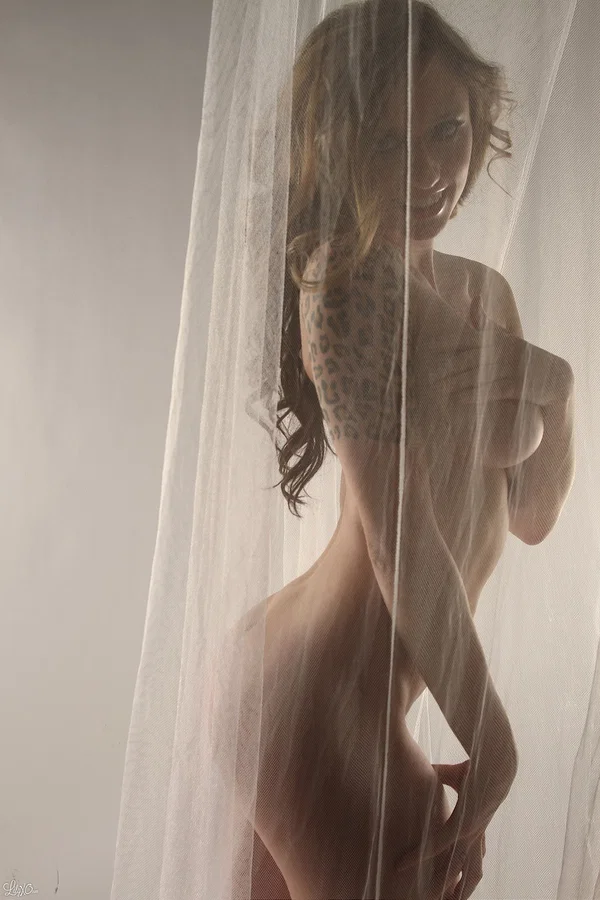 Amateur model Lily Xo poses naked behind sheer curtains in high heels  - Amateur, Beautiful, Big Tits, Natural Tits, Ass, PAWG, Solo, Tattoo, Babe  - Photo 7