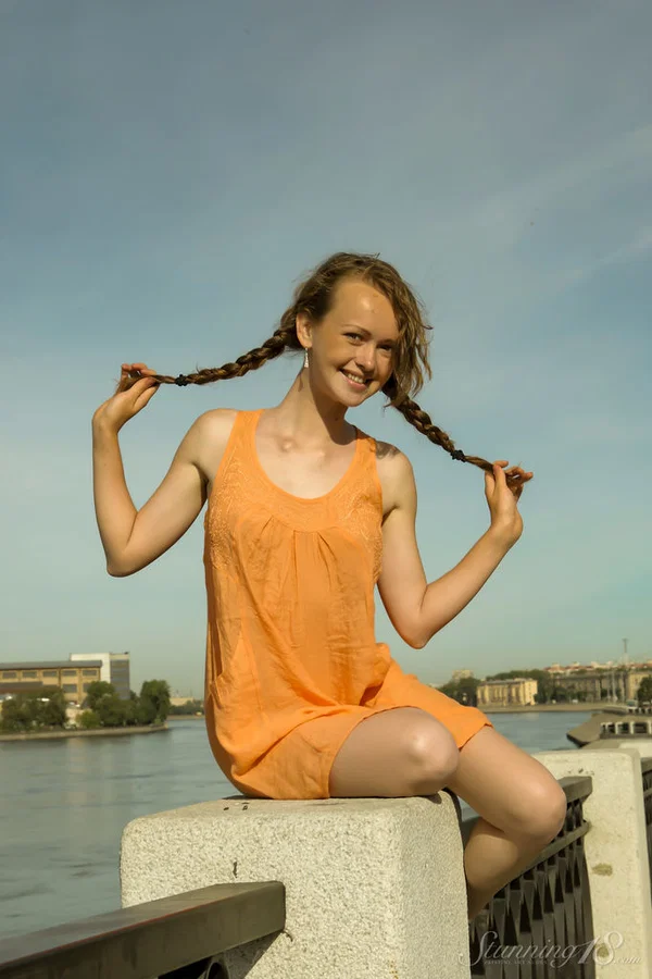Charming teen Vega tugs on her pigtails before going nude next to the water  - Upskirt, Teen, Outdoor, Pigtails, Pussy, Clothed, Tiny Tits, PAWG, Skirt, Close Up  - Photo 4