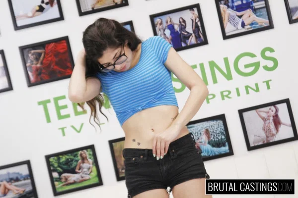 Brunette teen Ava Taylor is stripped for rough sex in glasses and socks  - Glasses, Teen, Brunette, Hardcore, Clothed, Shorts, Tattoo, Ass, Deepthroat, Big Cock  - Photo 2