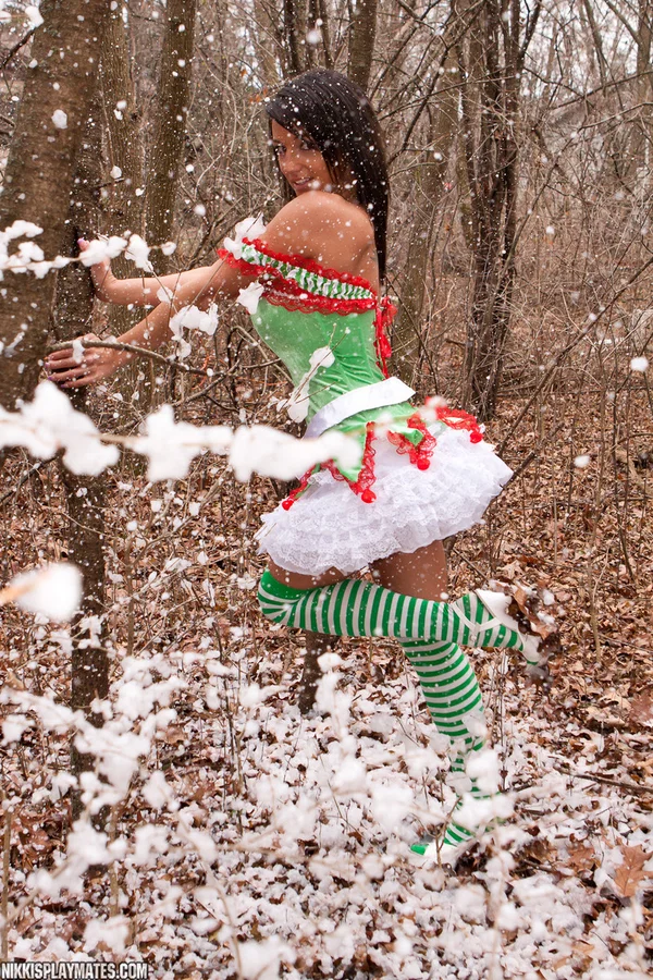 Amateur girl Nikki Sims covers her naked tits in Xmas clothes amid undergrowth  - Christmas, MILF, Amateur, Outdoor, Big Tits, Babe, Socks, Panties, Clothed, Skirt  - Photo 4