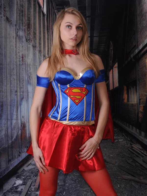 Beautiful amateur babe Chloe posing dressed as a Superwoman in a solo  - Cosplay, Uniform, Clothed, Skirt, Stockings, Babe, Beautiful, Solo, Non Nude, Blonde  - Photo 16