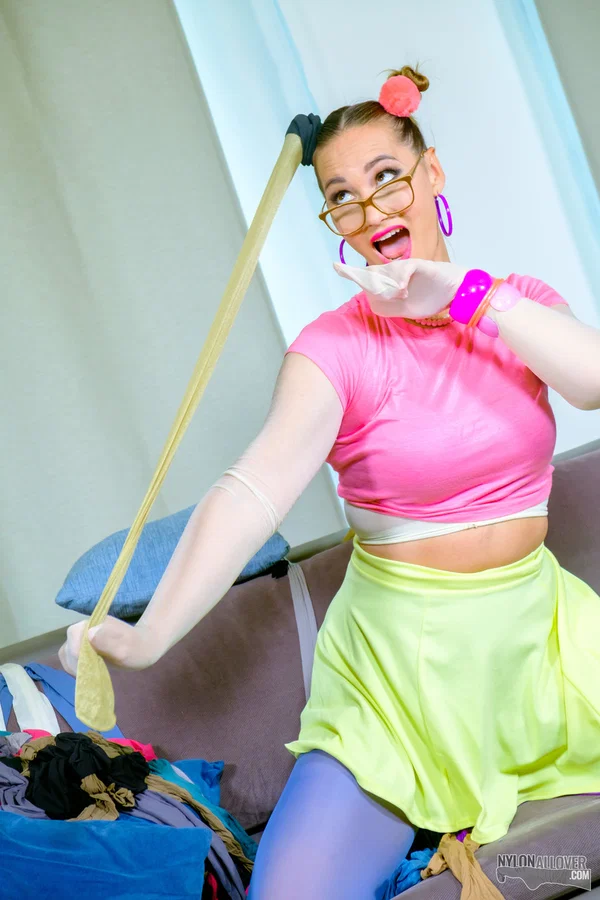Cute girl Naomi adorns herself in layers of nylons during SFW solo action  - Wife, Housewife, Pantyhose, Glasses, Fetish, Pigtails, Clothed, Skirt, Feet, Solo  - Photo 12