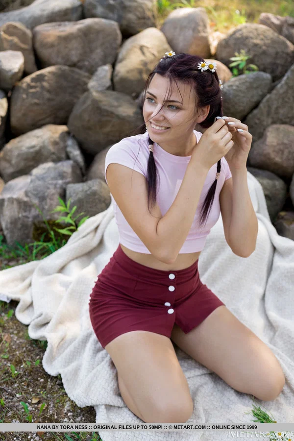 Brunette teen Nana tugs on her pigtails after going nude in the outdoors  - Ass, Pussy, Outdoor, Pigtails, Tiny Tits, Spreading, Shaved, Close Up, Clothed, Asshole  - Photo 1