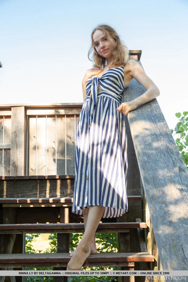 Beautiful blonde teen Rinna Ly slips off her dress to go nude on deck stairs  - Outdoor, Beautiful, Tiny Tits, Solo, Blonde, Skirt, Clothed, Legs, European, Cute  - Photo 1