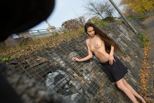 Beautiful Russian teen Leona Mia poses and goes topless at the park  - Public, POV, Russian, Tiny Tits, Outdoor, Natural Tits, Skirt, High Heels, Dress, Skinny  - Photo 15