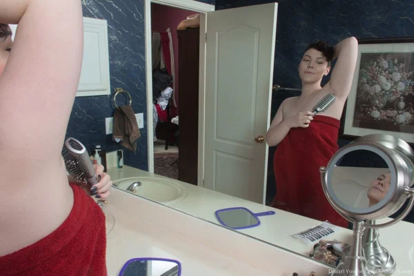 Big boobed chubby doll Dmitri Vosche brushing her furry pussy in the bathroom  - BBW, Chubby, Hairy, Curvy, Thick, Short Hair, Big Tits, Pussy, Spreading, Big Clit  - Photo 1