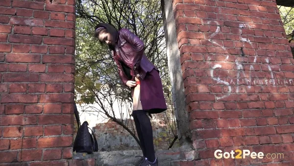 Nice girl Kristyna takes a badly needed piss in black over the knee socks  - Public, Pissing, Fetish, Leather, Socks, Outdoor, Pussy, Spreading, Shaved, Skirt  - Photo 3