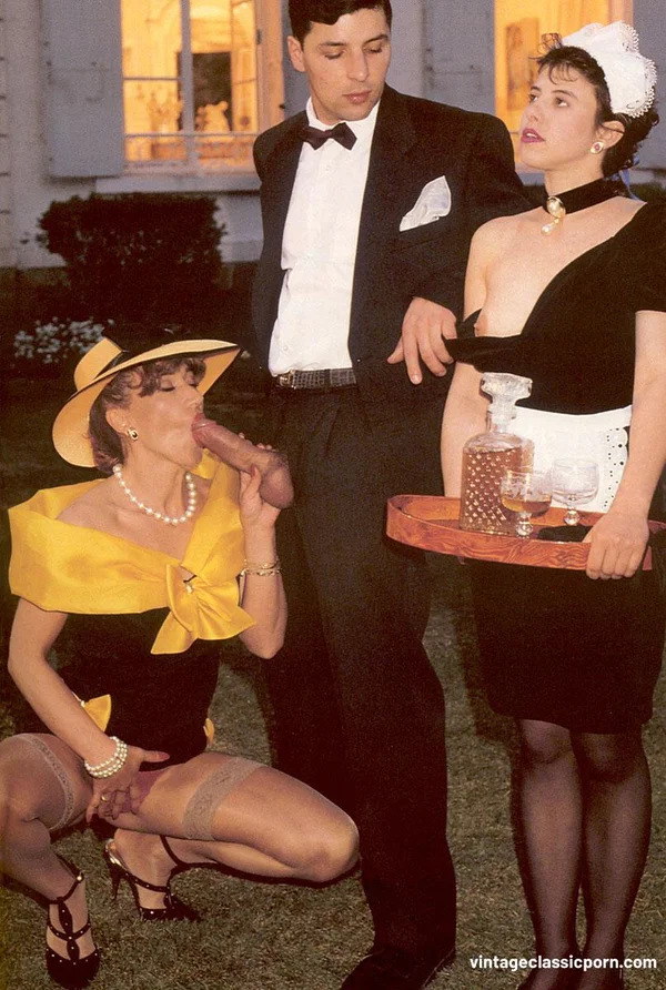 Vintage boss lady and her horny maid seduce a butler and get rammed hard  - Maid, Stockings, Hairy, Pussy, Spreading, Blowjob, Non Nude, Vintage  - Photo 2
