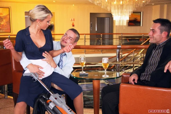 Naughty housekeeper Laura Crystal enjoys an FMM 3some at the restaurant  - Double Penetration, Threesome, Maid, Groupsex, MILF, Stockings, Clothed, Ass Fucking, Czech, Upskirt  - Photo 1