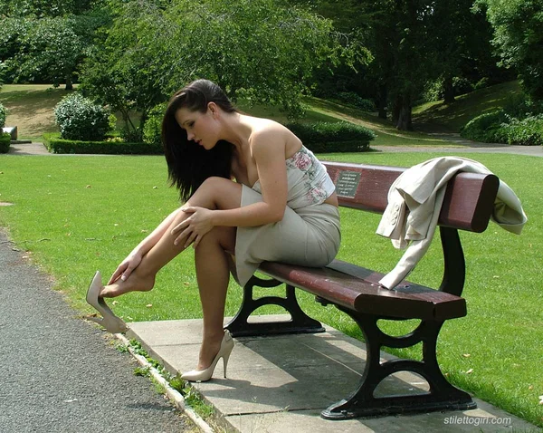 Clothed female exposes the tops of her back seam nylons at the park  - Fetish, High Heels, Clothed, Stockings, Legs, Outdoor, Skirt, Babe, Brunette, Beautiful  - Photo 6