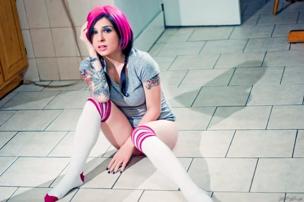 Solo model with dyed hair Joanna Angel finger spreads her bush in OTK socks  - MILF, Arab, Tattoo, Socks, Spreading, Hairy, Face, Ass, Clothed, Lingerie  - Photo 1