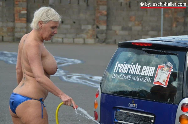 Solo lady with short blonde hair Jill Summer goes topless while washing a car  - Short Hair, MILF, Bikini, Wet, Big Tits, High Heels, Amateur, Outdoor, Ass, PAWG  - Photo 10