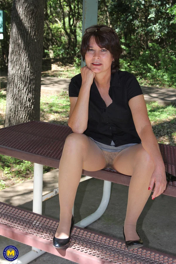 Hot older woman displays her natural pussy in and out of tan pantyhose  - Mature, Amateur, Pantyhose, Hairy, Spreading, Skirt, Clothed, Outdoor, European, Tiny Tits  - Photo 14