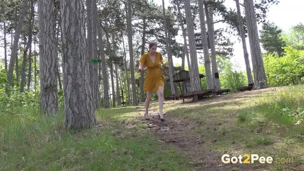 Caucasian girl Antonia Sainz squats for a piss while in the woods  - Pissing, Pussy, Czech, Outdoor, Spreading, Close Up, Panties, Upskirt, High Heels, Skirt  - Photo 14
