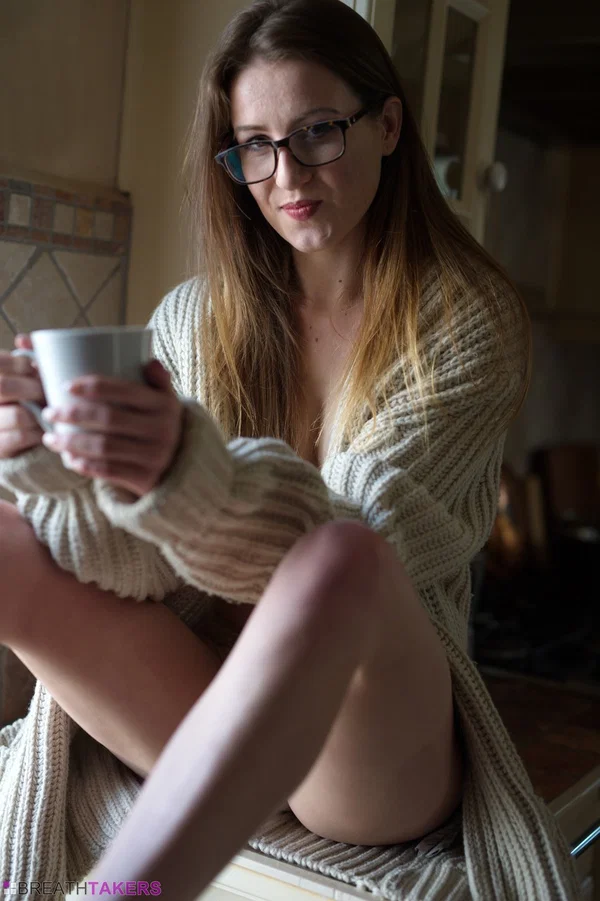 British model Scarlot Rose bares her boobs in glasses over breakfast  - Glasses, Clothed, Lingerie, Redhead, Model, Solo, Big Tits, Natural Tits, Kitchen, Babe  - Photo 5