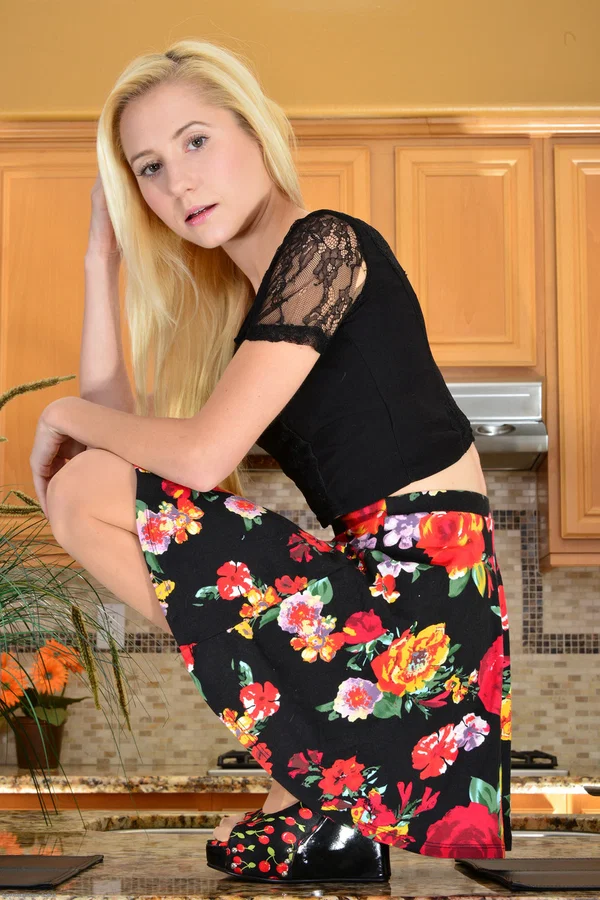 Sexy blonde Odette Delacroix strips naked & spreads her sweet pink pussy  - Upskirt, Beautiful, High Heels, Kitchen, Stockings, Spreading, Skirt, Pale, White, Blonde  - Photo 4