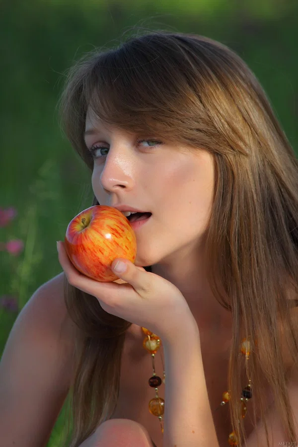 Naked teen holds a tomato while posing on a blanket in a field  - Teen, Shaved, Perfect, Clothed, Redhead, Dress, Pussy, Outdoor, Tiny Tits, Babe  - Photo 5