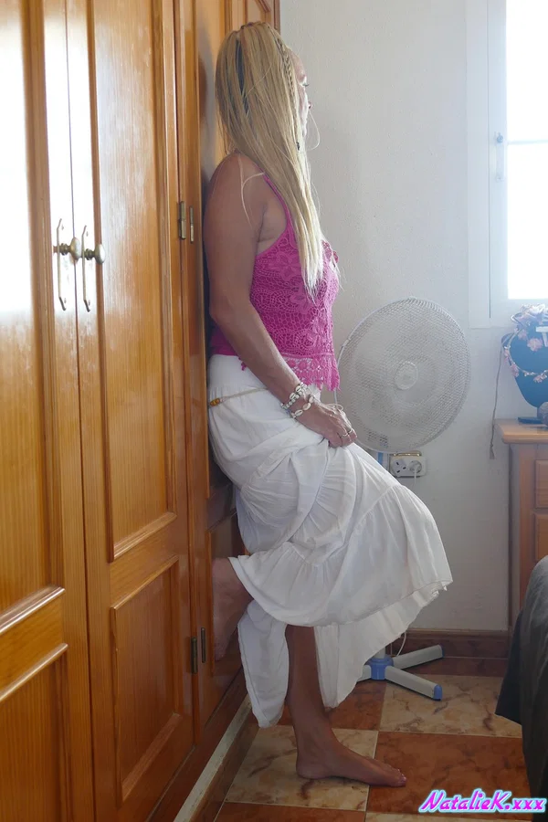 Mature blonde Natalie K takes off her panties & shows her pussy on her bed  - Upskirt, MILF, Spanish, Panties, Amateur, Sexy, Pornstar, Skirt, Feet, Legs  - Photo 1