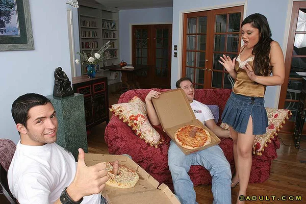 Stunning latina cougar has a fervent foursome with hung pizza-guys  - Cougar, Groupsex, Gangbang, MILF, Cumshot, Big Tits, Latina, Facial, Brunette, Blowjob  - Photo 1