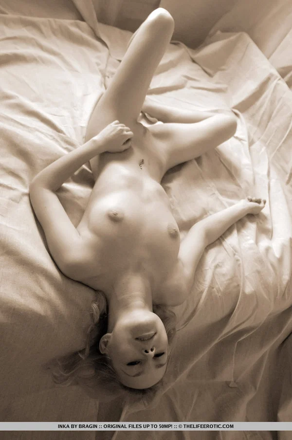 Gorgeous blonde teen Inka hits upon great nude poses on top of her bed  - Asshole, Hairy, Face, Tiny Tits, Feet, Spreading, Ass, Pussy, PAWG, Legs  - Photo 4