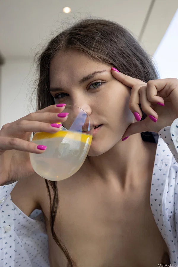 Beautiful girl Ella Bonita takes a drink of juice while showing her tits and twa  - Teen, Cute, Babe, Beautiful, Solo, Glamour, Model, Brunette  - Photo 21
