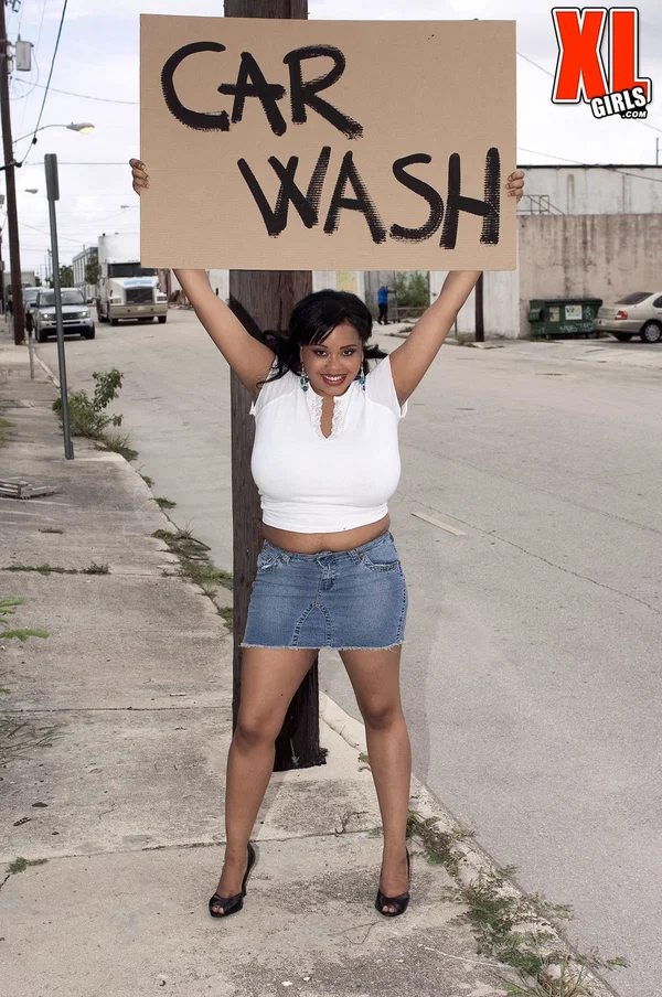 Black BBW Sunny Dee soaps up her massive boobs while running a car wash  - Ebony, BBW, Thick, Curvy, Big Tits, Chubby, African, Pussy, Hairy, Outdoor  - Photo 1