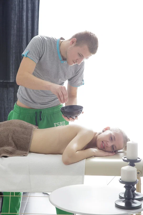 Sexy teen gets her hot ass oiled for massage & ends up sucking & riding cock  - Cowgirl, Massage, Teen, European, Doggy Style, Hardcore, Blonde, Oiled, Kissing, Pussy Licking  - Photo 4
