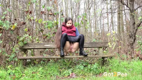 Lara Fox pulls down her pants to pee on a bench beside a path in the woods  - Pissing, Outdoor, Beautiful, Skinny, Pussy, Czech, Spreading, Brunette, Babe, Close Up  - Photo 6