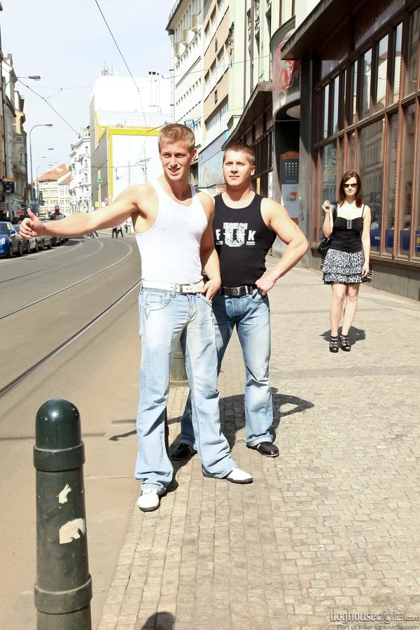 Fair skinned girl flashes her cotton underwear to a couple of boys  - Non Nude, Clothed, Skirt, Threesome, High Heels, Spreading, Czech, MILF, Outdoor, Glasses  - Photo 9