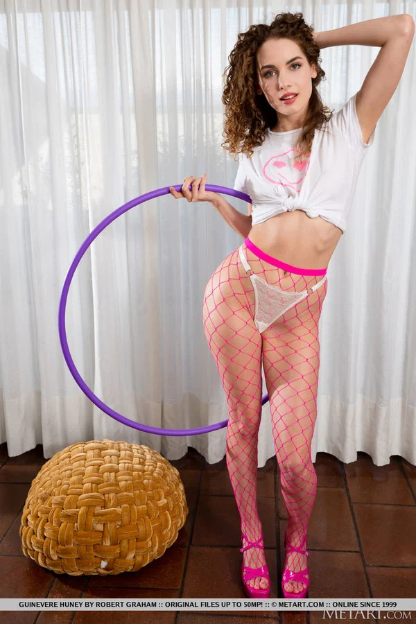 Charming teen Guinevere Huney works a hula hoop while topless in fishnet hose  - Pantyhose, Teen, Natural Tits, Nipples, Babe, Glamour, Tiny Tits, Ass, Panties, High Heels  - Photo 2