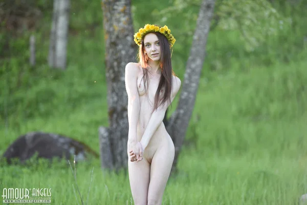 Skinny teen Lapa wears a crown of flowers while posing naked in a meadow  - Skinny, Teen, Outdoor, Shaved, Babe, Tiny Tits, Pussy, Ass, Spreading, Nipples  - Photo 5