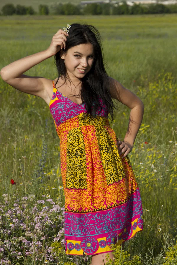 Beautiful brunette girl strips naked in a field of wildflowers  - Outdoor, Shaved, Teen, Beautiful, Dress, Pussy, Clothed, Babe, Nipples, Glamour  - Photo 1