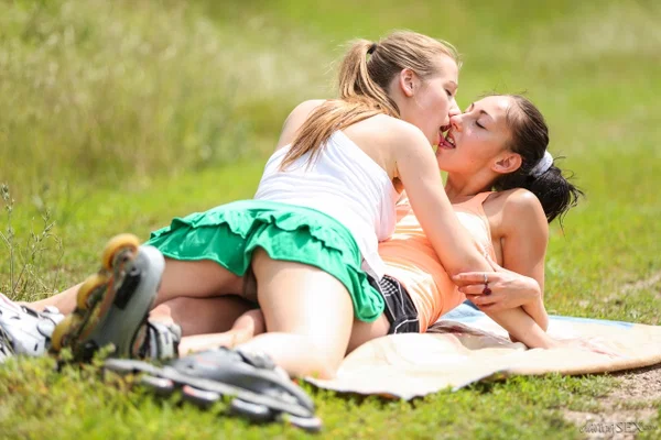 Lesbian girls Alexis Crystal & El Storm toy twats during sex in a field  - Lesbian, Outdoor, Pornstar, Dildo, Pussy Licking, Ass, Kissing, Tiny Tits, Czech, Shaved  - Photo 1