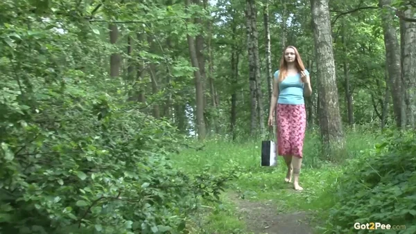 Barefoot girl Lena June takes a piss while on a walk through a forest  - Pissing, Outdoor, Beautiful, Skirt, Upskirt, Pussy, Close Up, Solo, Legs, PAWG  - Photo 1