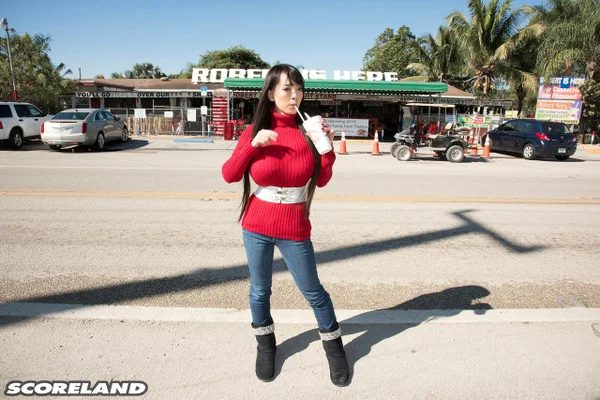 Asian girl with long hair Hitomi fills out her red sweater in non nude action  - Asian, Non Nude, Outdoor, Big Tits, Japanese, Jeans, Clothed, Babe, Natural Tits, Brunette  - Photo 4